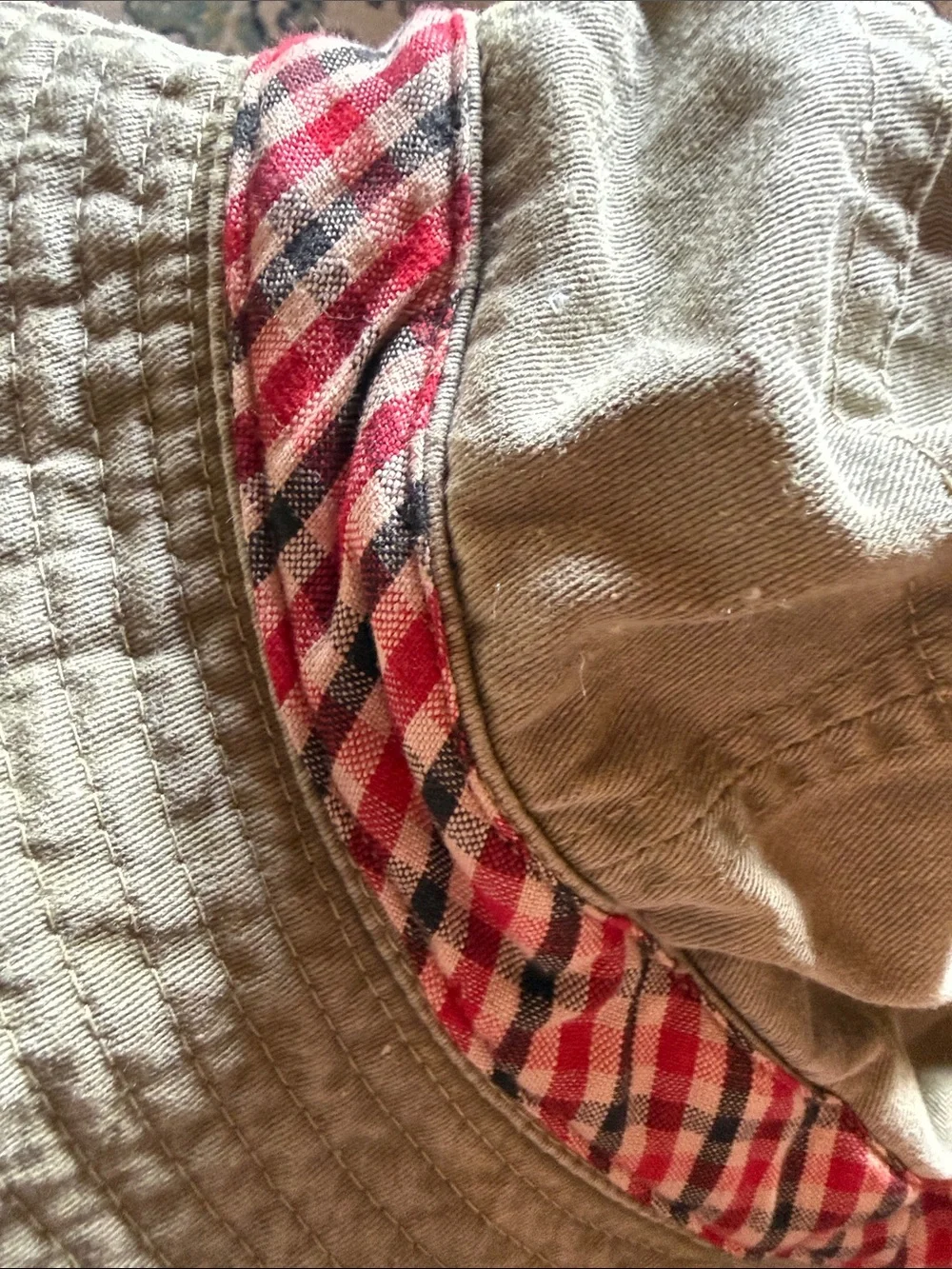 Reversible Kids Bucket Hat in Olive with Red Plaid Trim